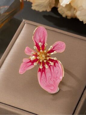 Pink Floral Enamel Statement Ring